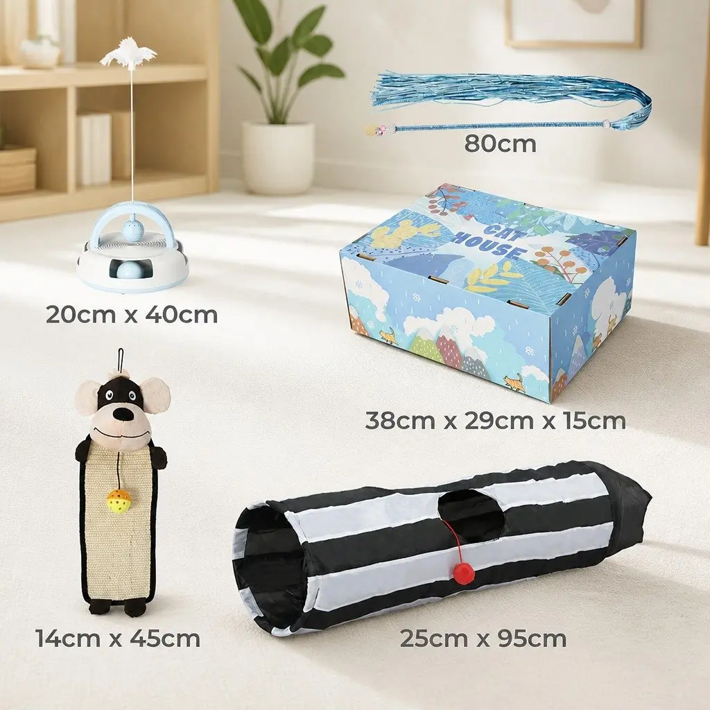 Cat Toy Set Interactive Tunnel Scratching Pad Wand Feather 5 Piece