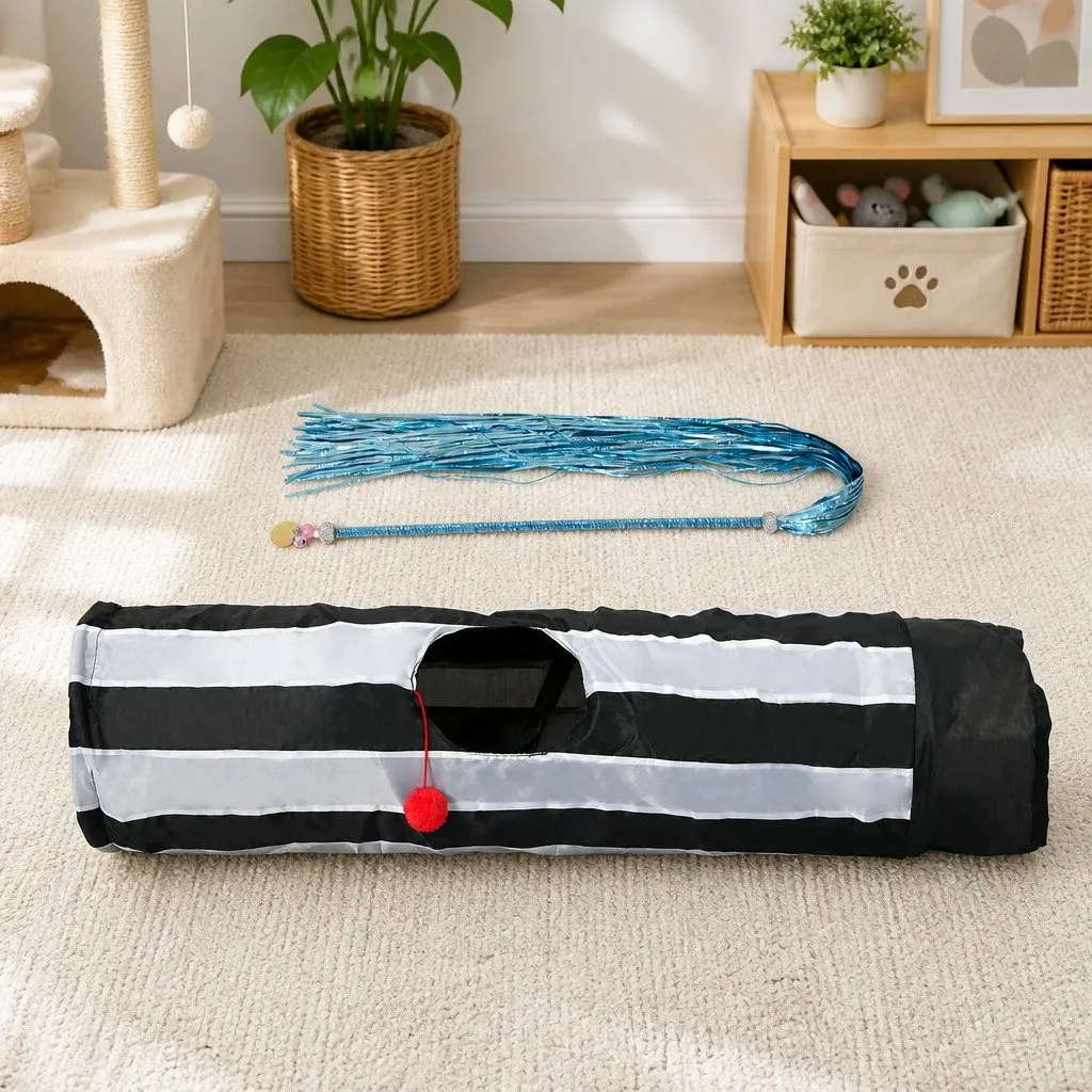 Cat Toy Set Interactive Tunnel Scratching Pad Wand Feather 5 Piece