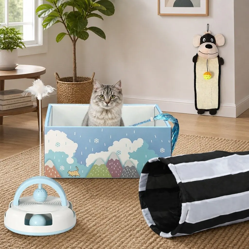 Cat Toy Set Interactive Tunnel Scratching Pad Wand Feather 5 Piece