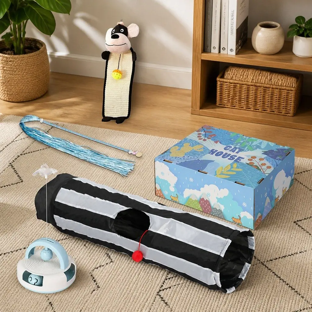 Cat Toy Set Interactive Tunnel Scratching Pad Wand Feather 5 Piece