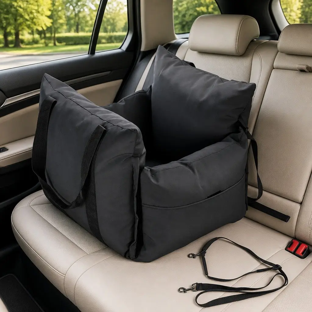 Dog Car Seat Booster Adjustable Safety Belt Carrier Bed Storage Black 56cm L x 52cm W x 46cm H