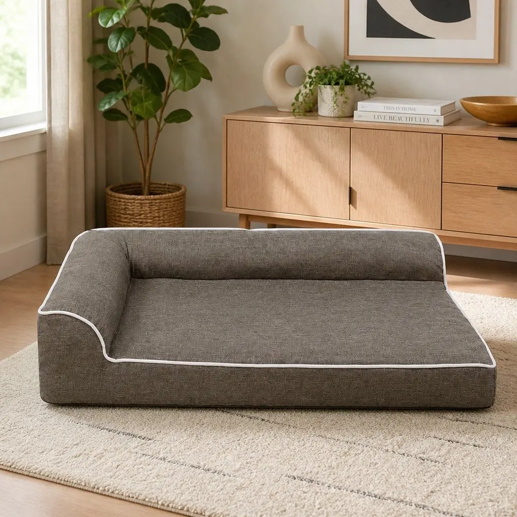 Pet Bed Orthopedic Support Medium Coffee L-Shaped Bolster for Dogs