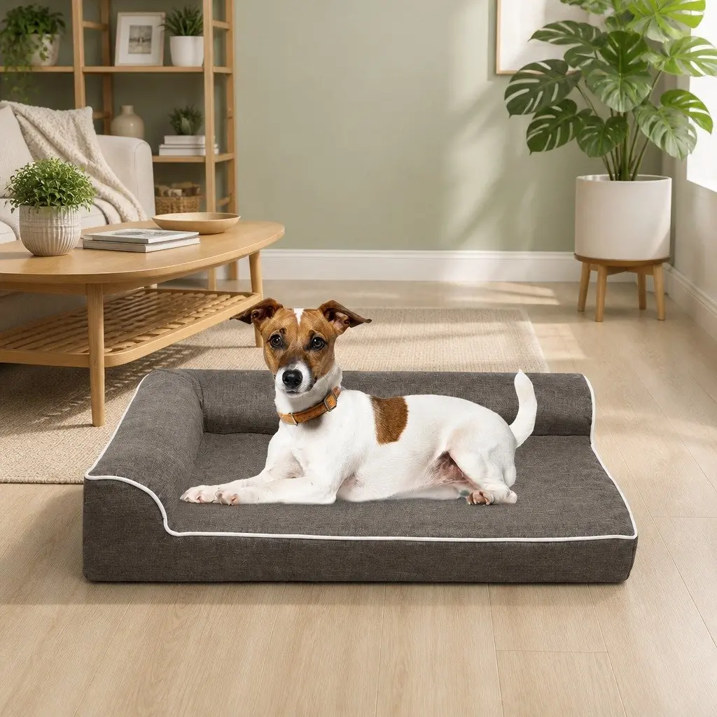 Pet Bed Orthopedic Support Medium Coffee L-Shaped Bolster for Dogs