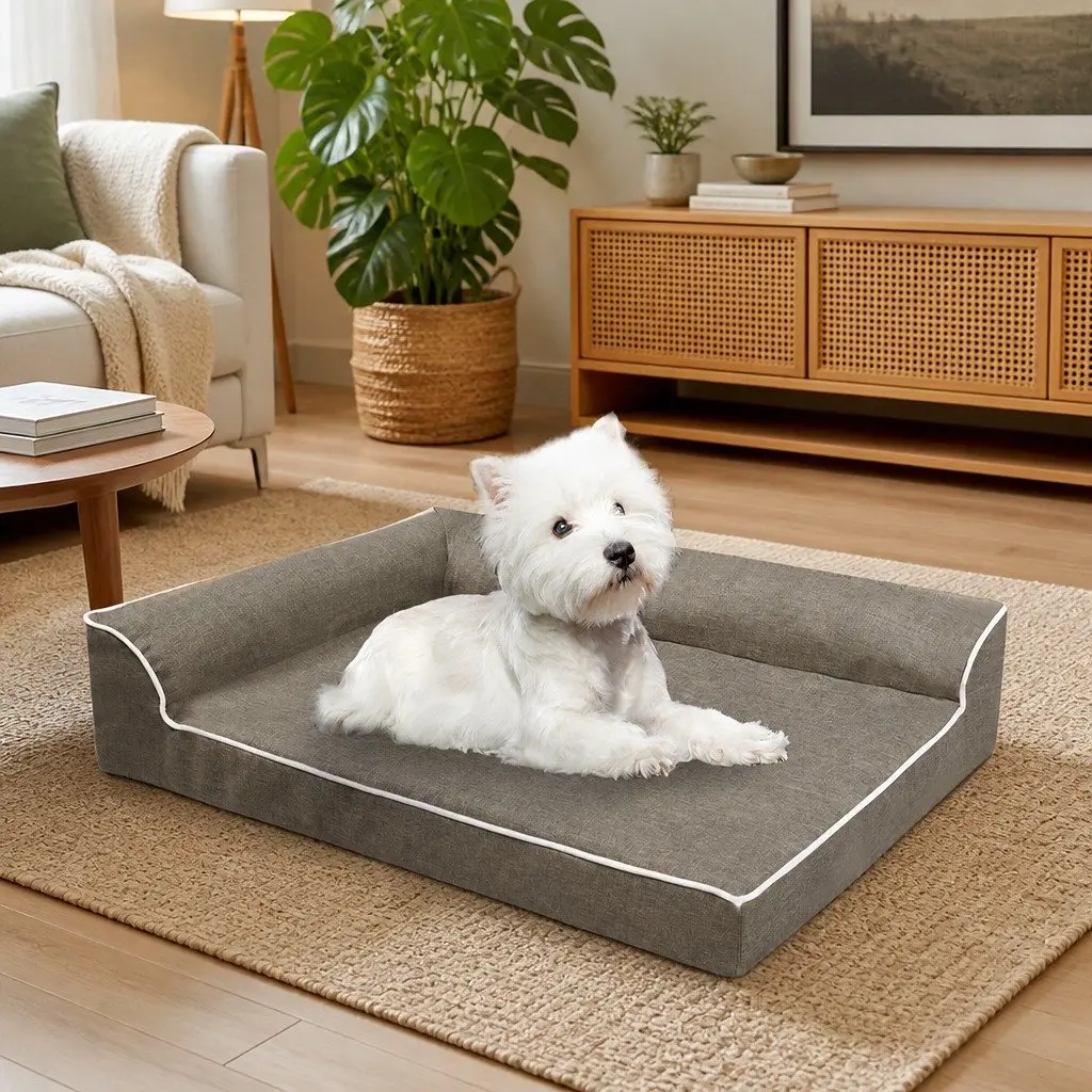 Pet Bed Orthopedic Support Medium Coffee L-Shaped Bolster for Dogs