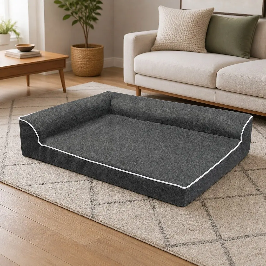 Orthopedic Dog Bed Grey Memory Foam L-Shaped Bolster Medium Size