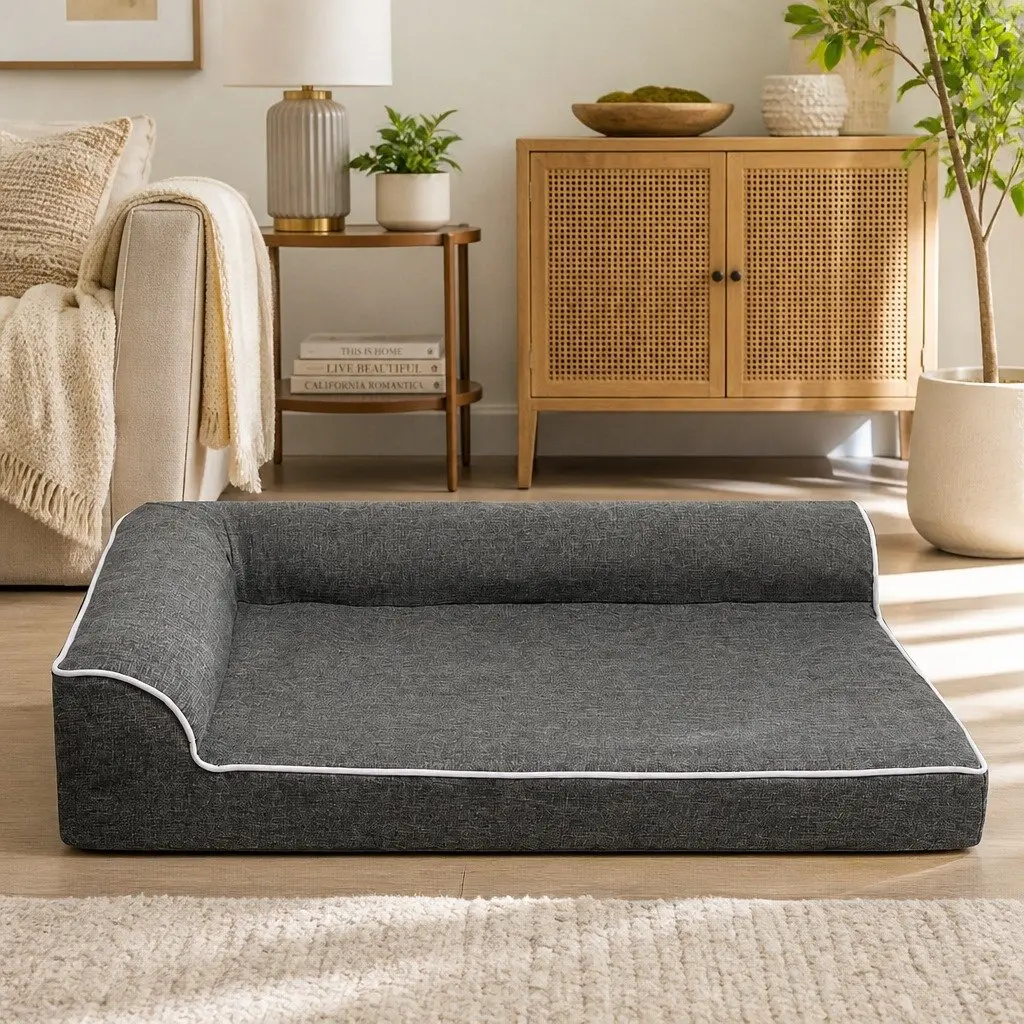 Orthopedic Dog Bed Grey Memory Foam L-Shaped Bolster Medium Size