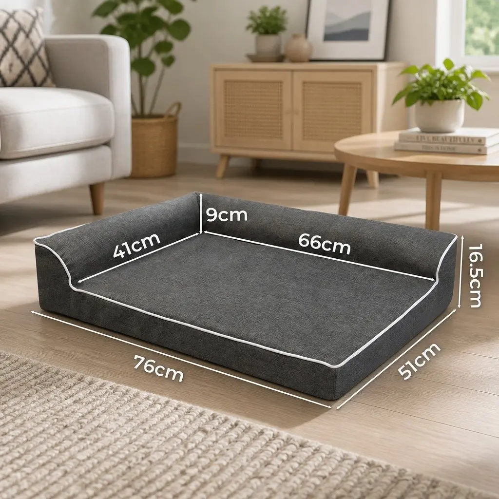 Orthopedic Dog Bed Grey Memory Foam L-Shaped Bolster Medium Size