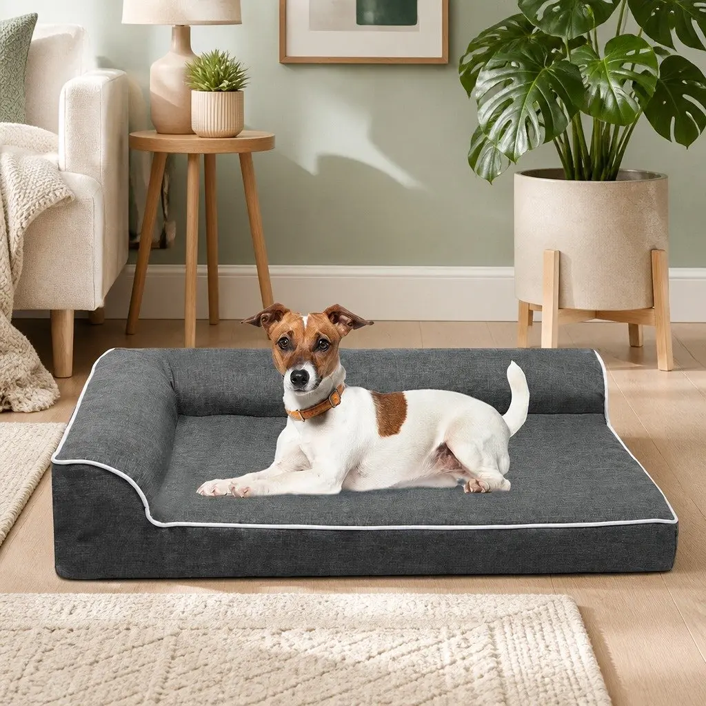 Orthopedic Dog Bed Grey Memory Foam L-Shaped Bolster Medium Size