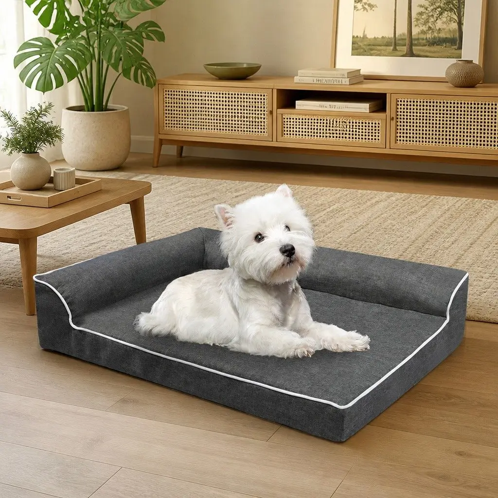 Orthopedic Dog Bed Grey Memory Foam L-Shaped Bolster Medium Size