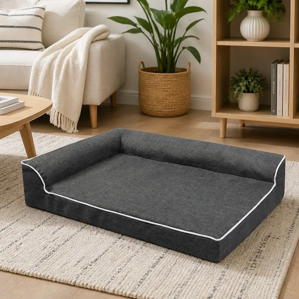 Orthopedic Dog Bed Grey Memory Foam L-Shaped Bolster Medium Size