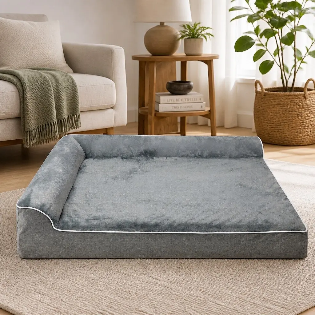 Orthopedic Dog Bed Medium Memory Foam Pet Mattress L-Shaped Bolster Grey