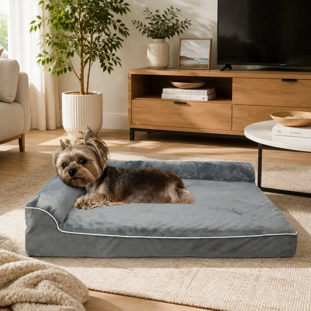 Orthopedic Dog Bed Medium Memory Foam Pet Mattress L-Shaped Bolster Grey