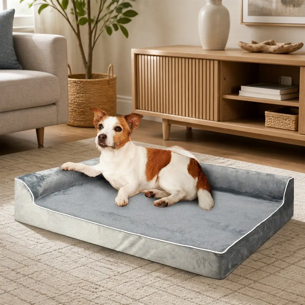 Orthopedic Dog Bed Medium Memory Foam Pet Mattress L-Shaped Bolster Grey