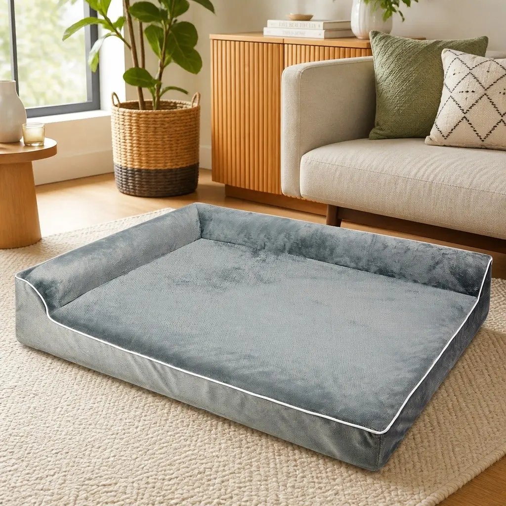 Orthopedic Dog Bed Medium Memory Foam Pet Mattress L-Shaped Bolster Grey