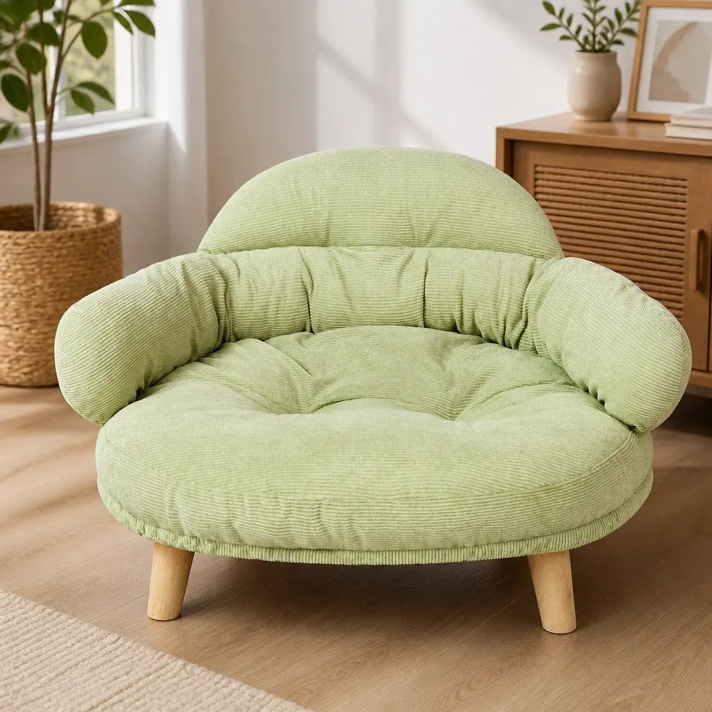 Elevated Sofa Bed for Pets XL Green Color with Wooden Frame and Removable Cover