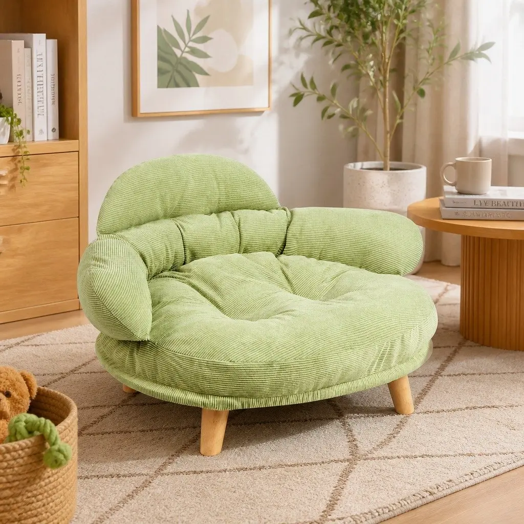 Elevated Sofa Bed for Pets XL Green Color with Wooden Frame and Removable Cover