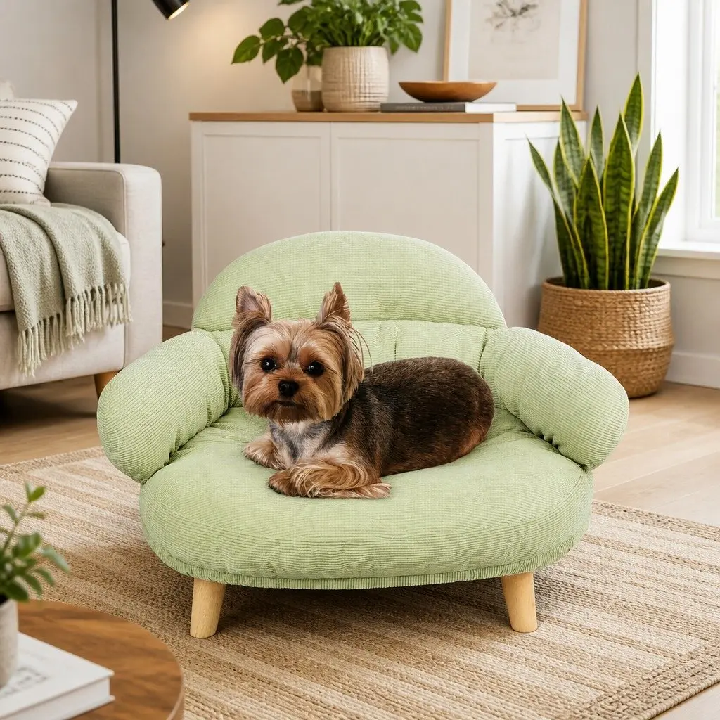 Elevated Sofa Bed for Pets XL Green Color with Wooden Frame and Removable Cover