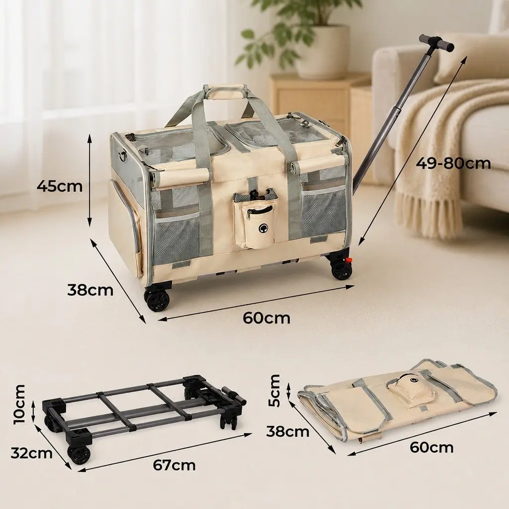 Pet Carrier Rolling Foldable Portable Travel Crate Backpack Hand-Carry 60cm x 38cm x 45cm