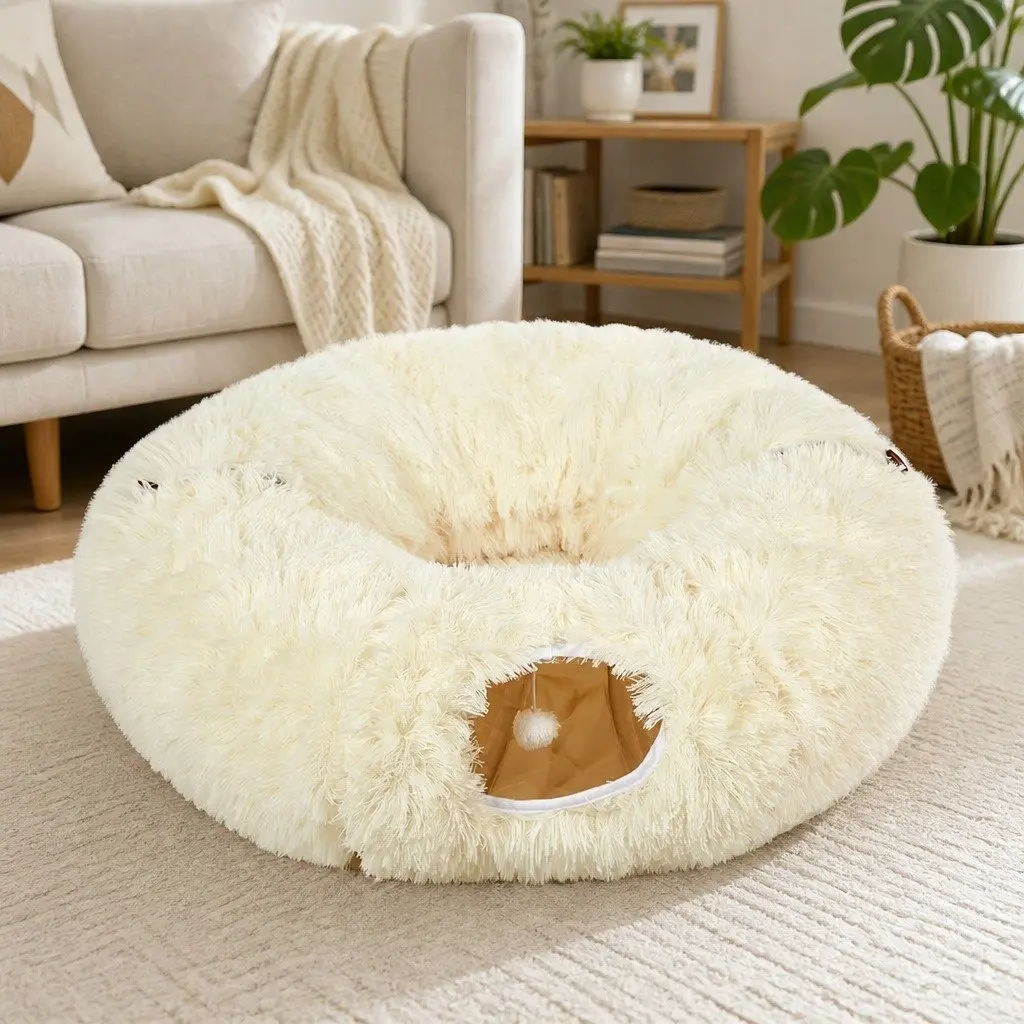 Cat Tunnel Bed Foldable Plush Play Tube Beige Collapsible Pet Kitten