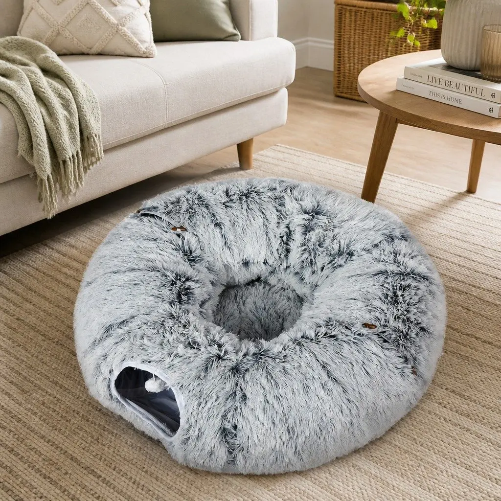 Cat Tunnel Bed Foldable Plush Play Tube Collapsible Pet House Grey