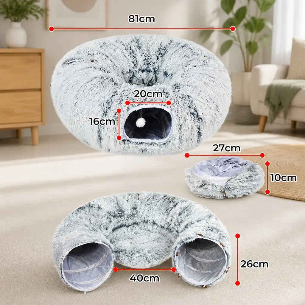 Cat Tunnel Bed Foldable Plush Play Tube Collapsible Pet House Grey