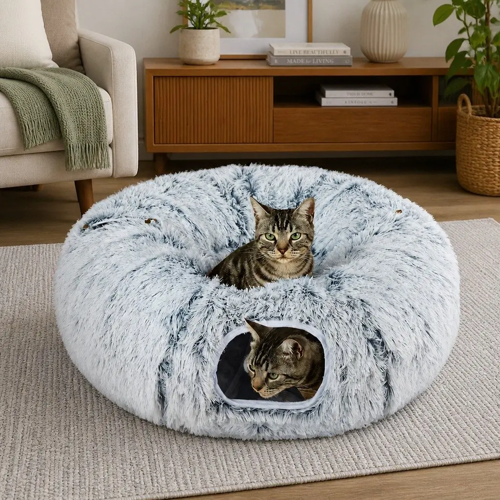Cat Tunnel Bed Foldable Plush Play Tube Collapsible Pet House Grey