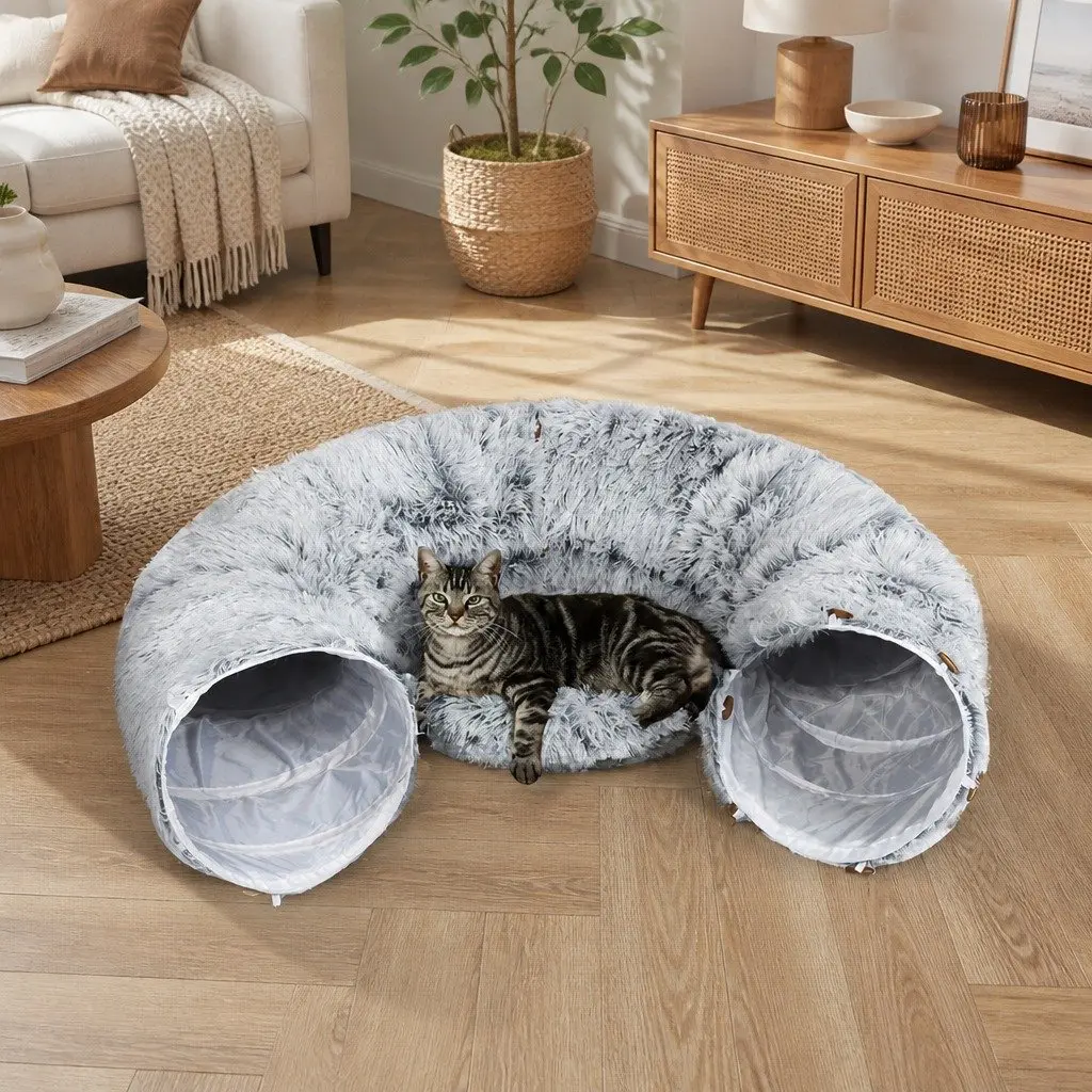 Cat Tunnel Bed Foldable Plush Play Tube Collapsible Pet House Grey