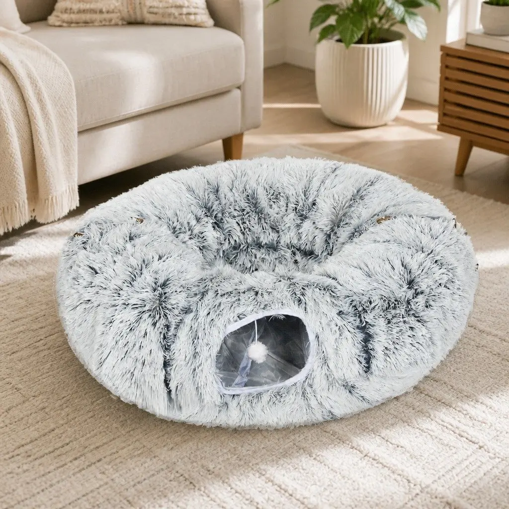 Cat Tunnel Bed Foldable Plush Play Tube Collapsible Pet House Grey