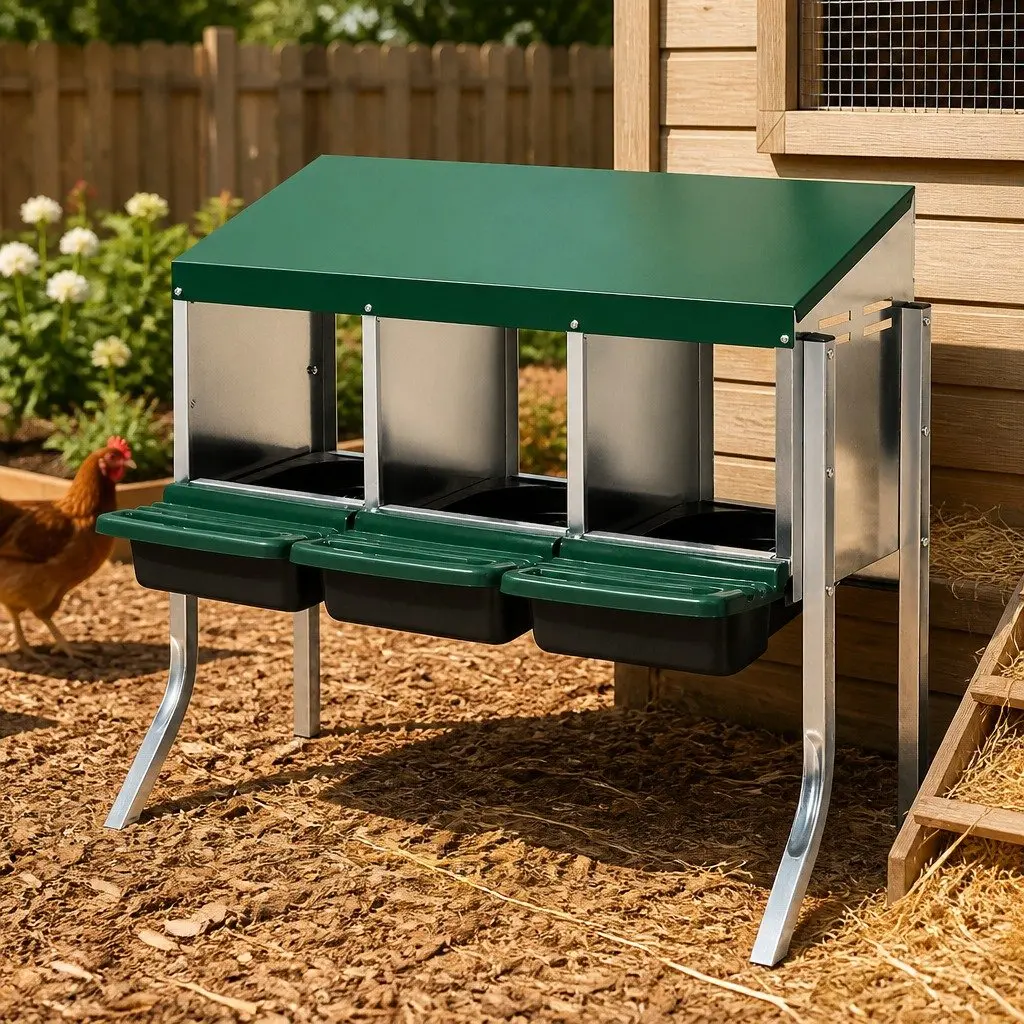 Chicken Egg Nesting Box 3-Hole Roll Away Galvanized Steel 80cm L x 52cm W x 78.5cm H