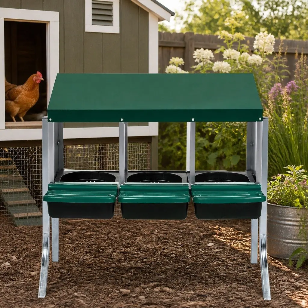 Chicken Egg Nesting Box 3-Hole Roll Away Galvanized Steel 80cm L x 52cm W x 78.5cm H