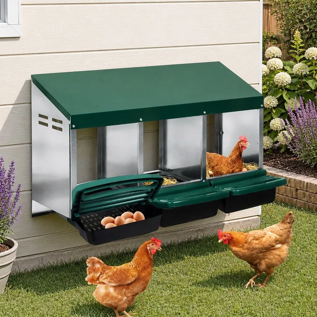Chicken Egg Nesting Box 3-Hole Roll Away Galvanized Steel 80cm L x 52cm W x 78.5cm H