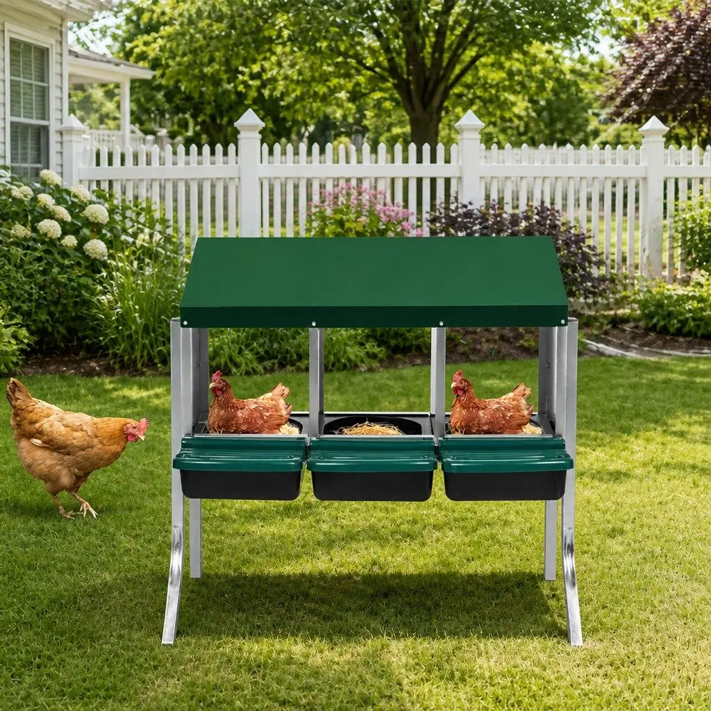 Chicken Egg Nesting Box 3-Hole Roll Away Galvanized Steel 80cm L x 52cm W x 78.5cm H