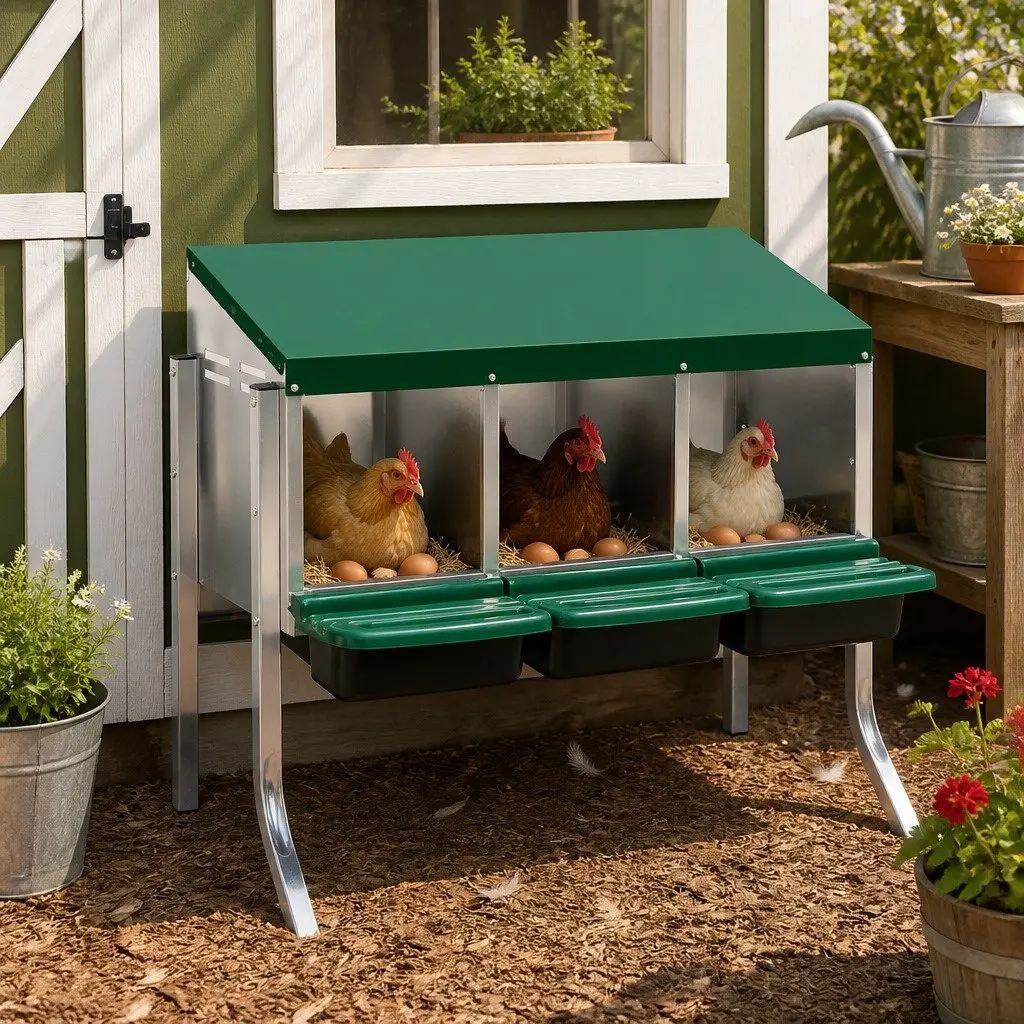 Chicken Egg Nesting Box 3-Hole Roll Away Galvanized Steel 80cm L x 52cm W x 78.5cm H