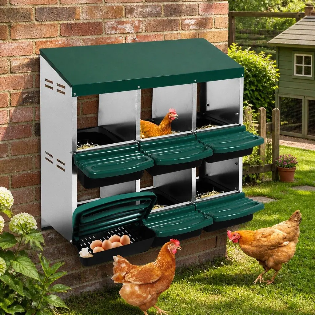 Chicken Egg Nesting Box 6-Hole Roll Away Coop Hutch Standing Wall Mount