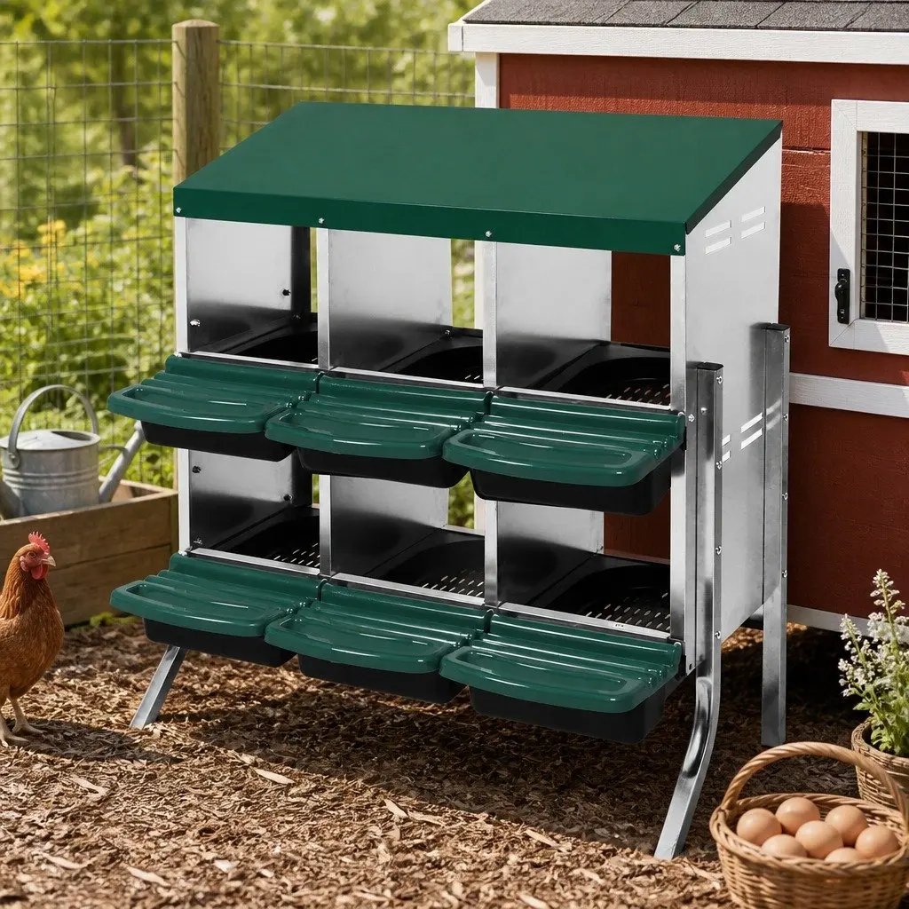 Chicken Egg Nesting Box 6-Hole Roll Away Coop Hutch Standing Wall Mount