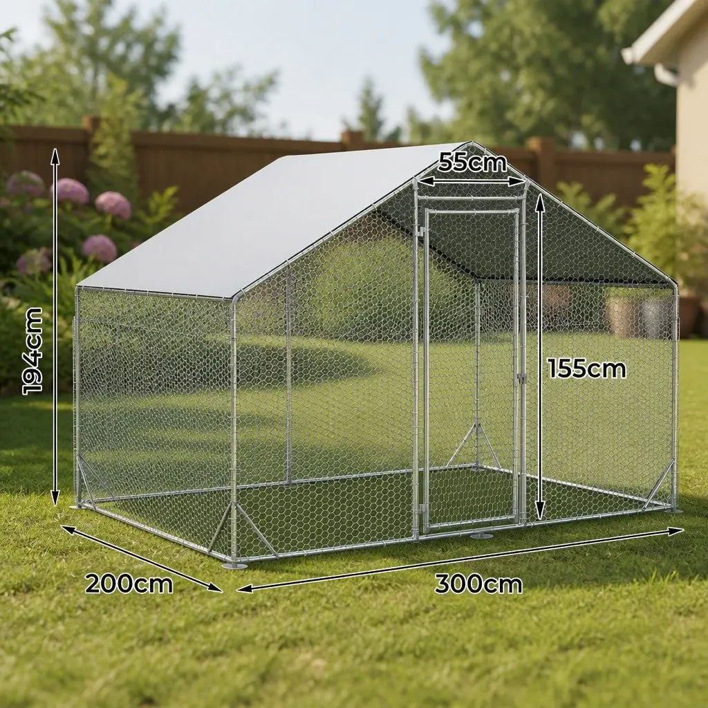 Large Metal Walk-in Chicken Coop Sturdy Galvanized Steel Frame 200x300x194cm