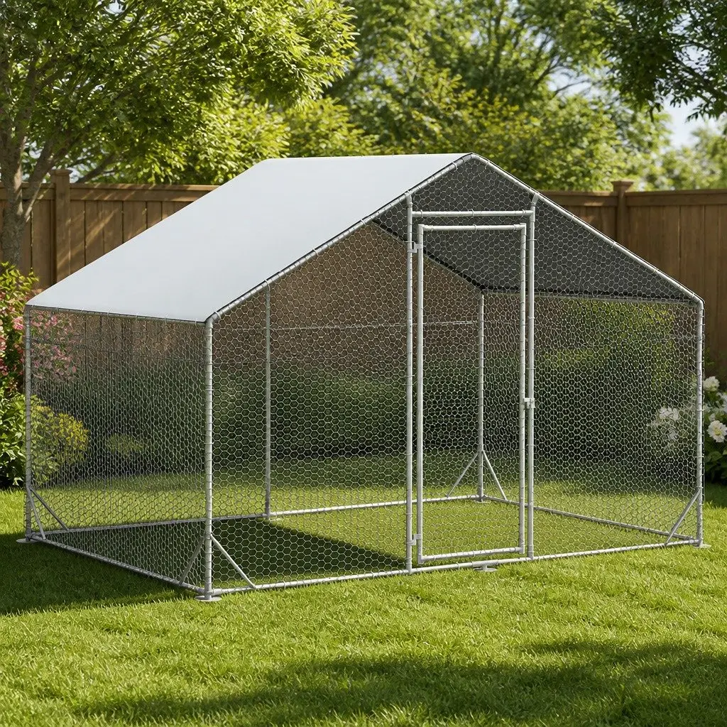 Large Metal Walk-in Chicken Coop Sturdy Galvanized Steel Frame 200x300x194cm