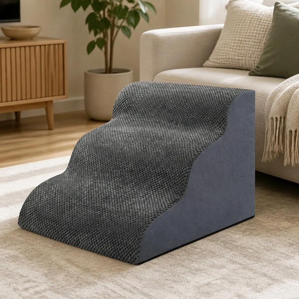 3-Step Pet Stairs Dog Ramp High Density Foam Non-Slip Portable Handle Grey