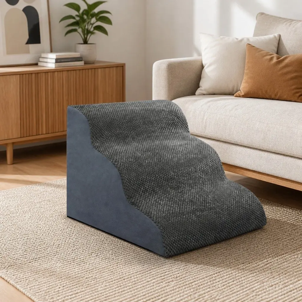 3-Step Pet Stairs Dog Ramp High Density Foam Non-Slip Portable Handle Grey