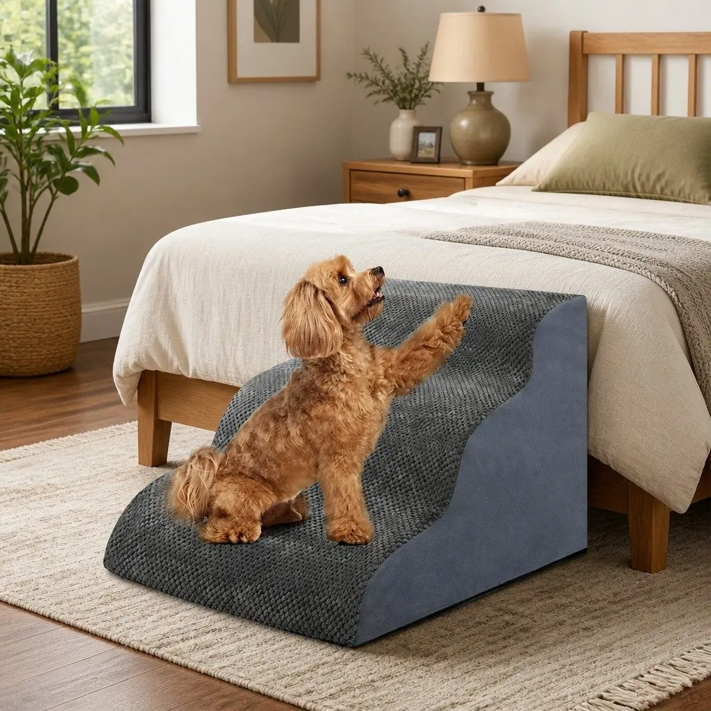 3-Step Pet Stairs Dog Ramp High Density Foam Non-Slip Portable Handle Grey