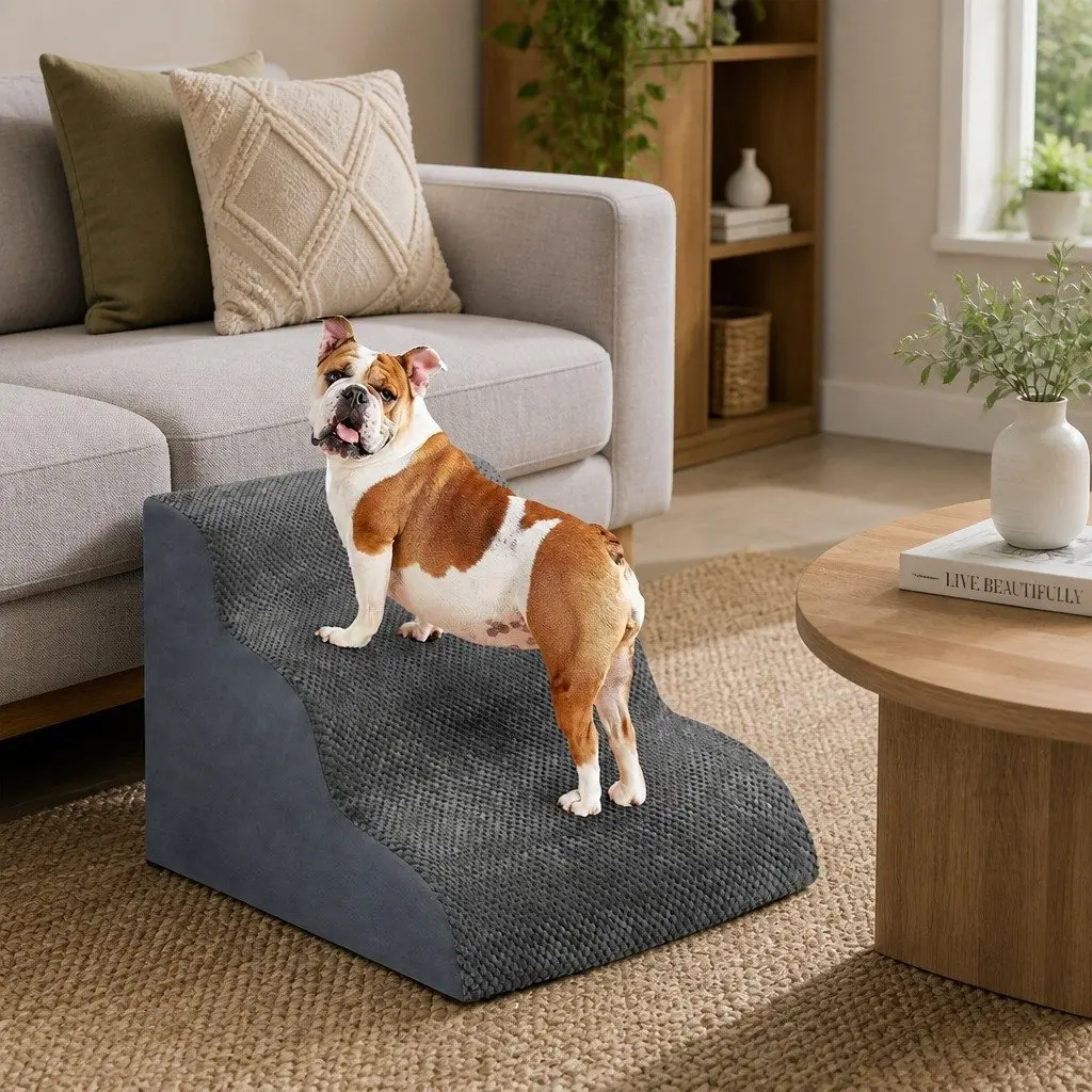 3-Step Pet Stairs Dog Ramp High Density Foam Non-Slip Portable Handle Grey