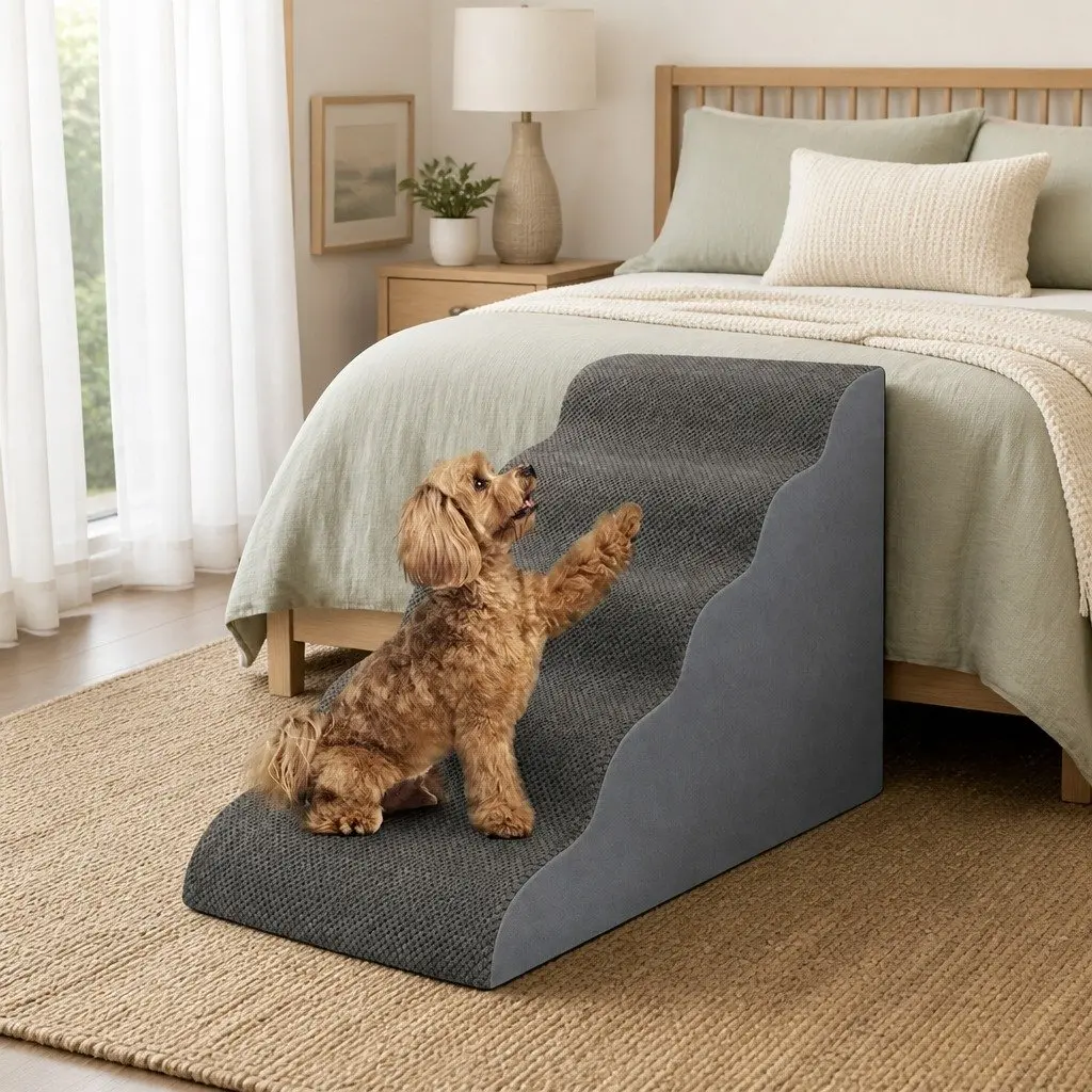 Pet Stairs High Density Foam 5 Steps Portable Handle Grey
