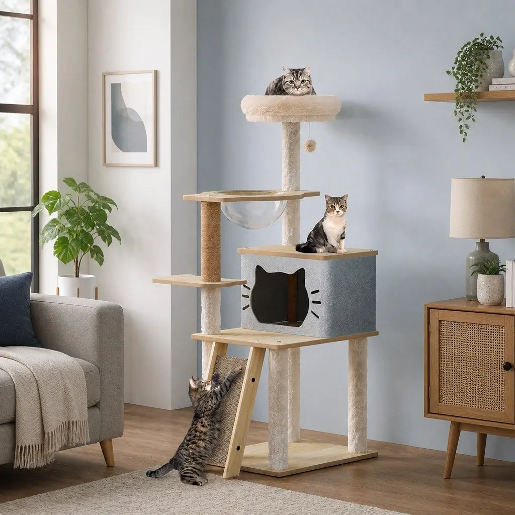 Cat Tree Tower Scratcher Condo 120cm Climbing Frame Beige Pet Furniture