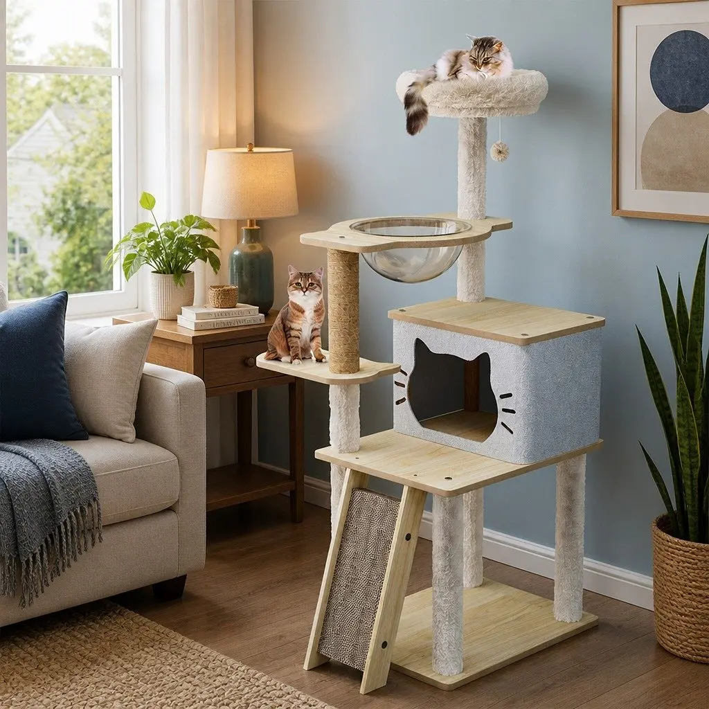 Cat Tree Tower Scratcher Condo 120cm Climbing Frame Beige Pet Furniture