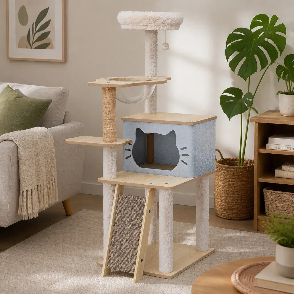 Cat Tree Tower Scratcher Condo 120cm Climbing Frame Beige Pet Furniture