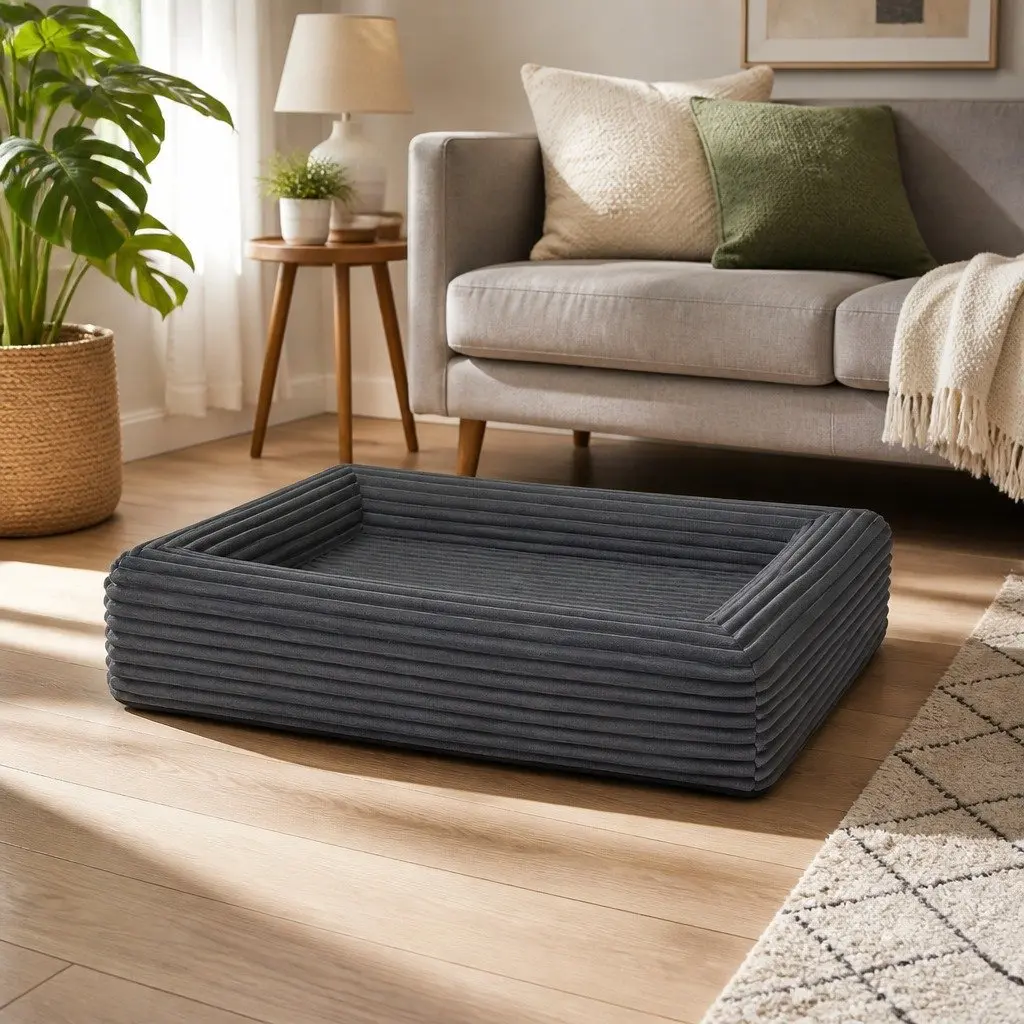 Orthopedic Pet Bed Grey Corduroy 25D High Density Foam L Size with Removable Washable Cover and Non Slip Bottom