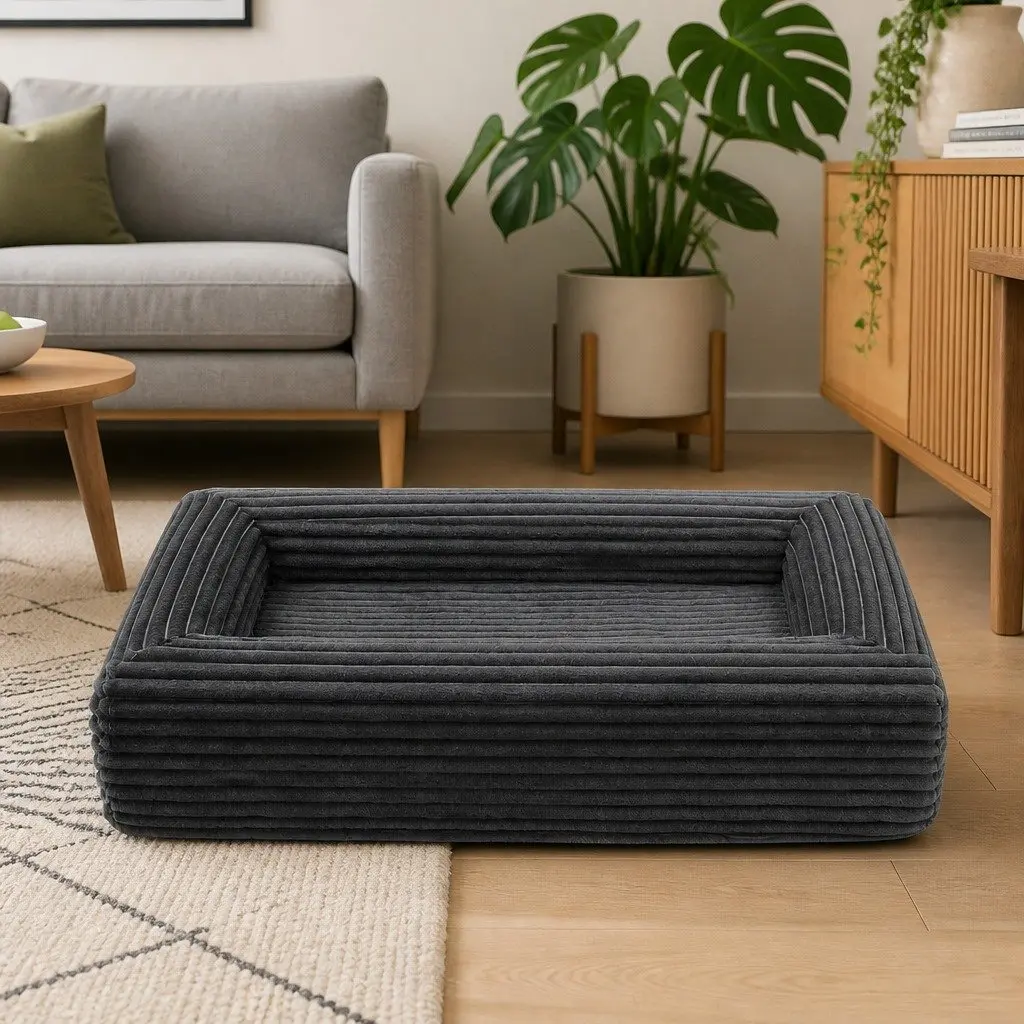 Orthopedic Pet Bed Grey Corduroy 25D High Density Foam L Size with Removable Washable Cover and Non Slip Bottom
