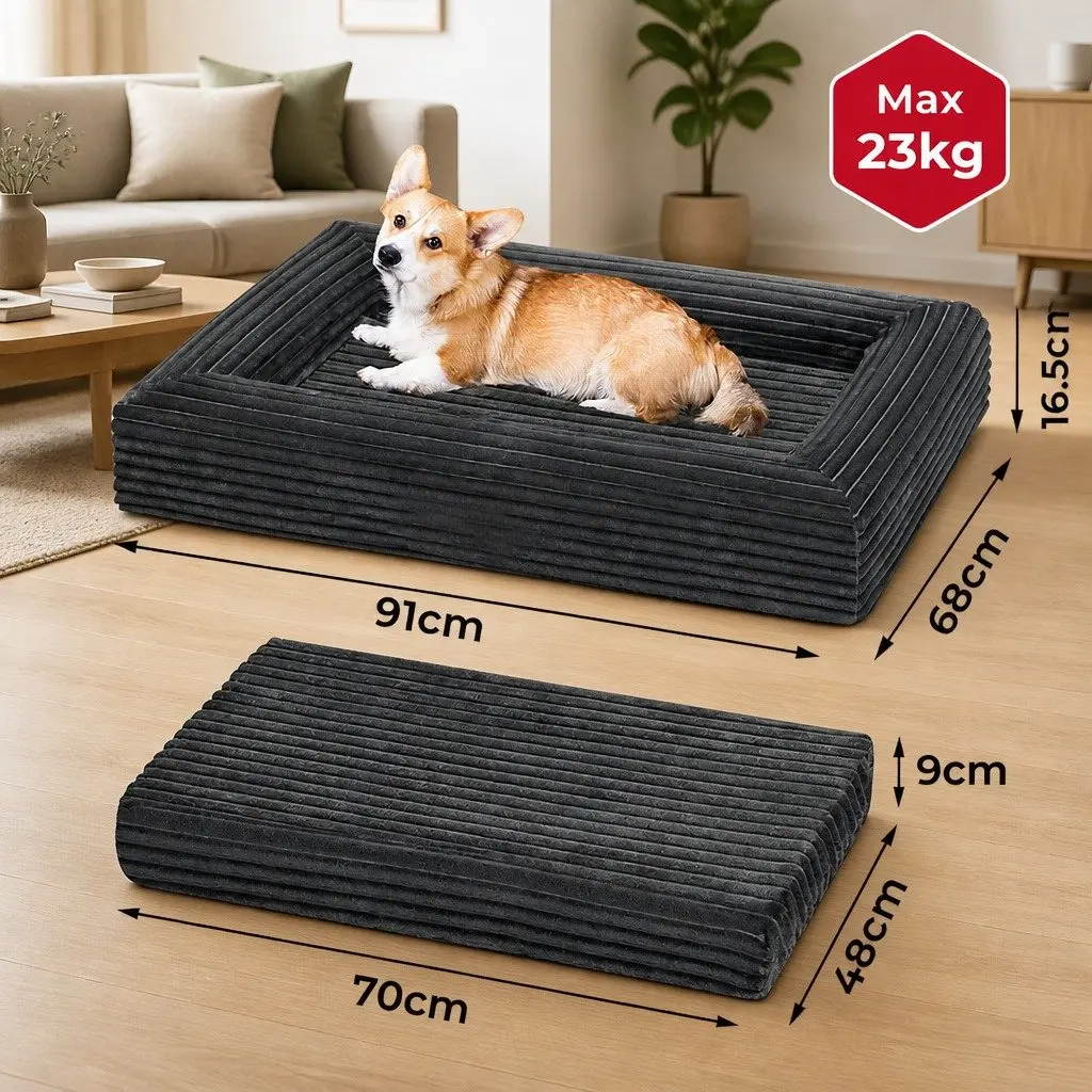 Orthopedic Pet Bed Grey Corduroy 25D High Density Foam L Size with Removable Washable Cover and Non Slip Bottom