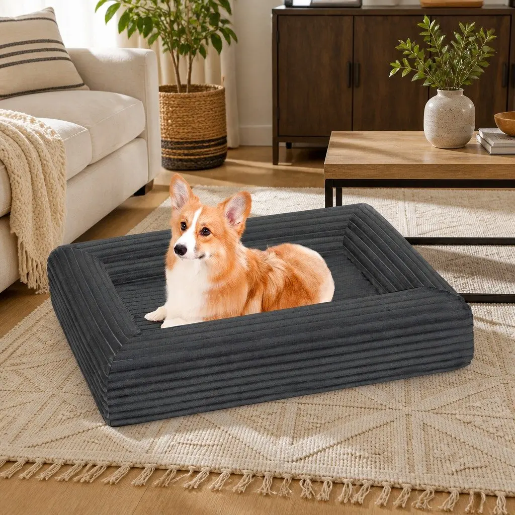 Orthopedic Pet Bed Grey Corduroy 25D High Density Foam L Size with Removable Washable Cover and Non Slip Bottom