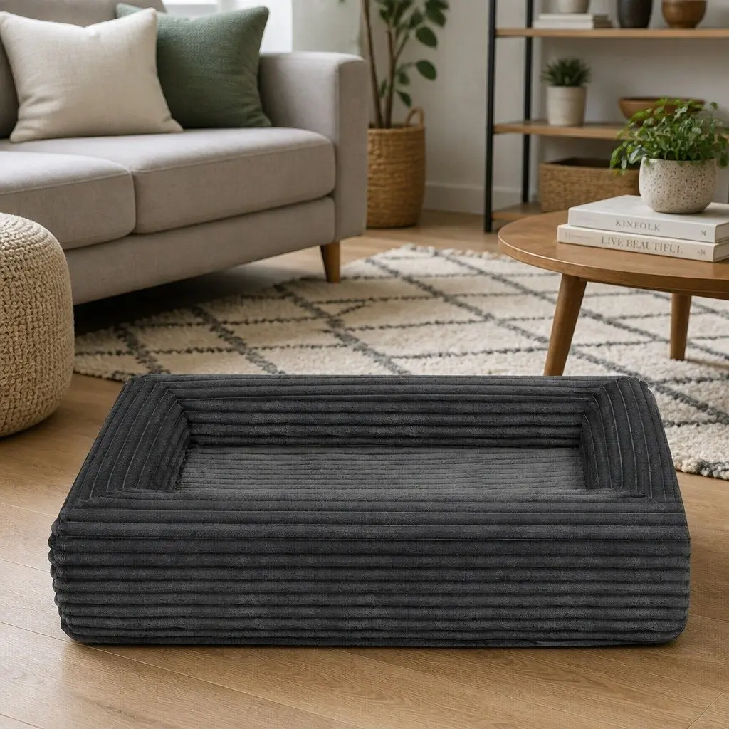 Orthopedic Dog Bed XL Grey Corduroy Removable Washable Cover Waterproof Pet